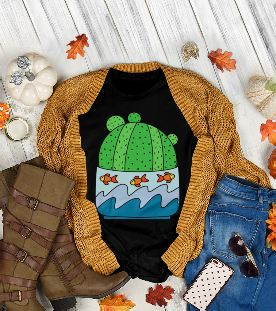 Ball Cactus with Goldfish and Waves in Pot T-Shirt