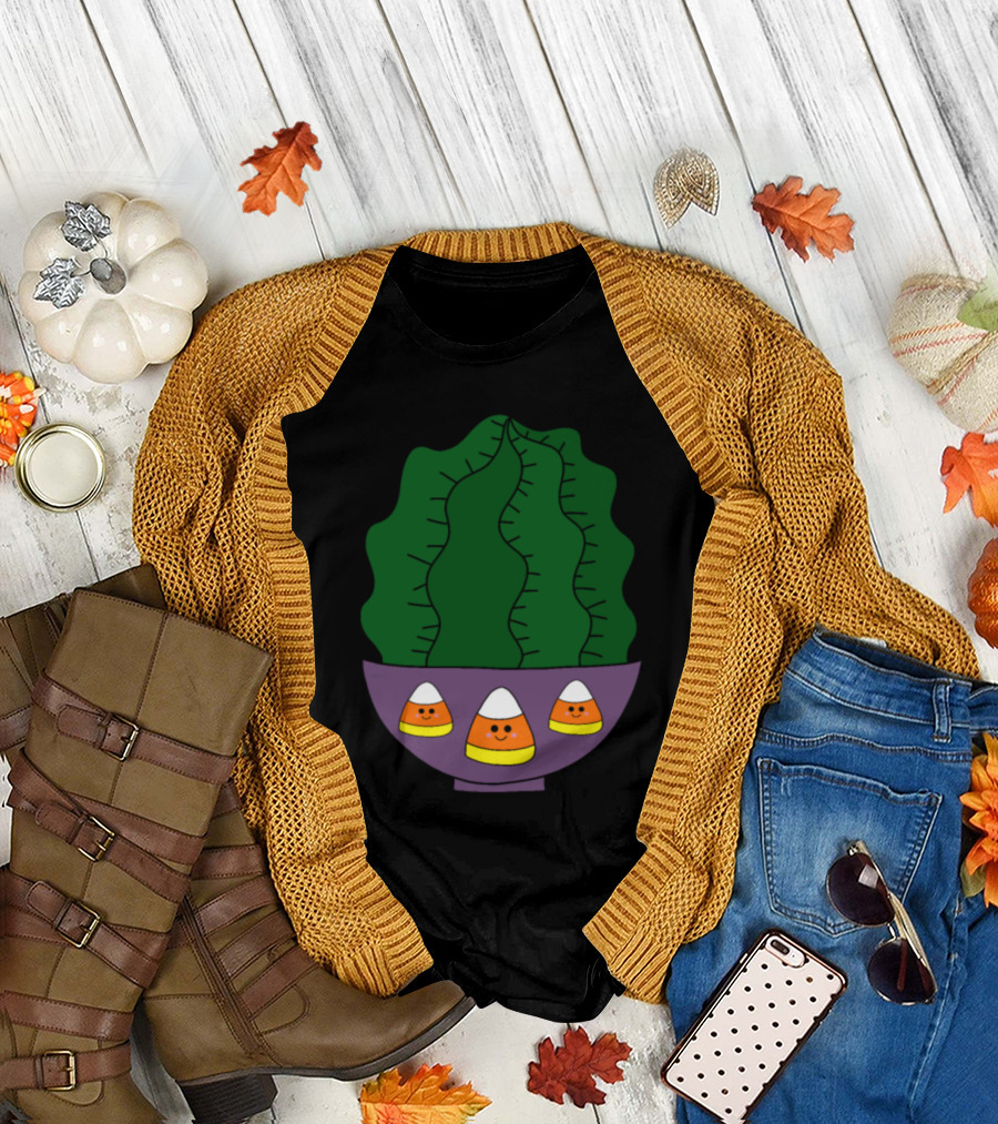 Barrel Cactus in Candy Corn Bowl Pot Halloween T-Shirt