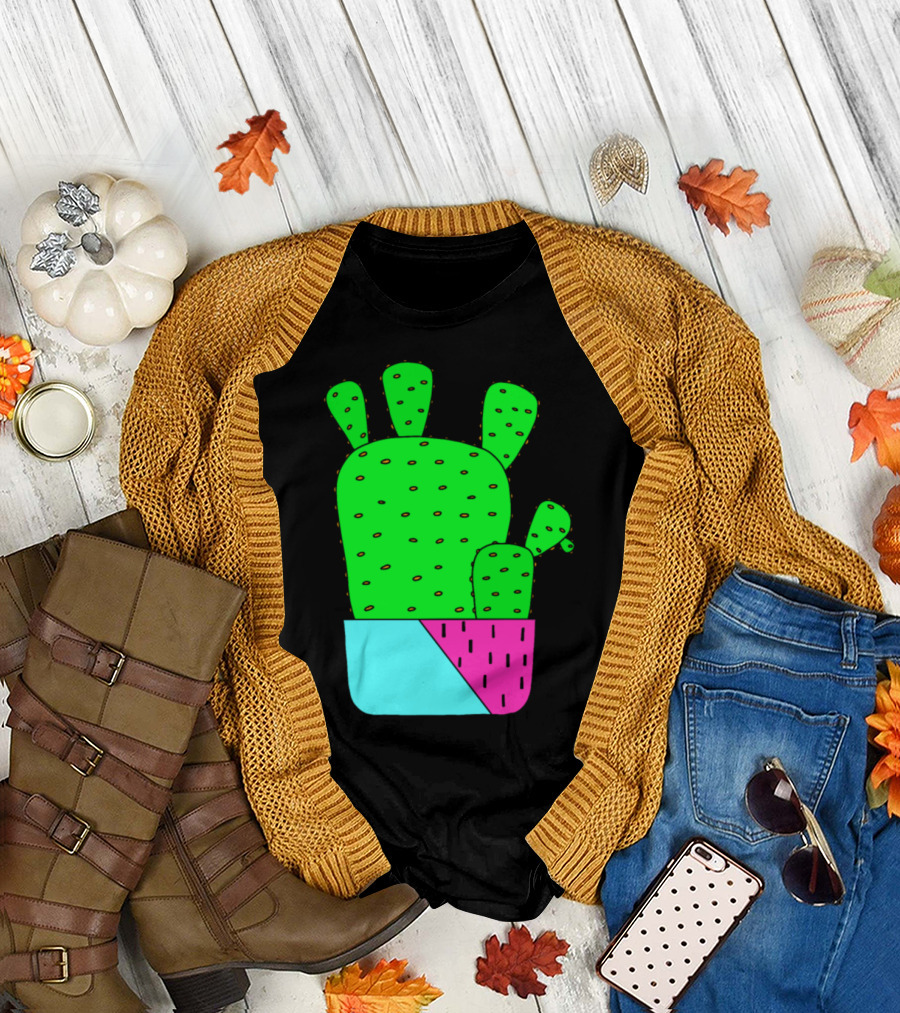 Big Cacti in Bright Green with Colorful Pink and Blue Planter T-Shirt