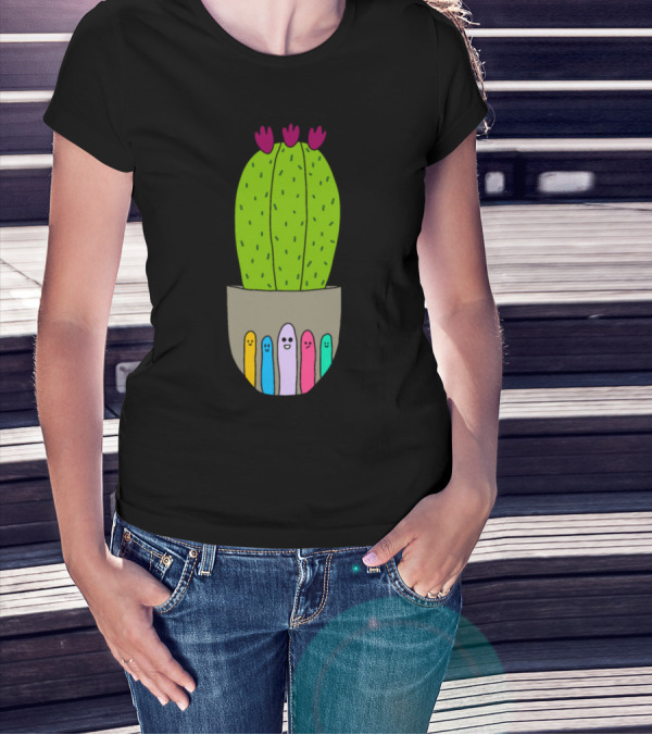 Big Cactus With Flowers In Cute Pot With Colorful Faces T-Shirt