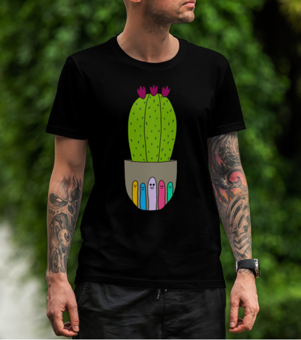 Big Cactus With Flowers In Cute Pot With Colorful Faces T-Shirt