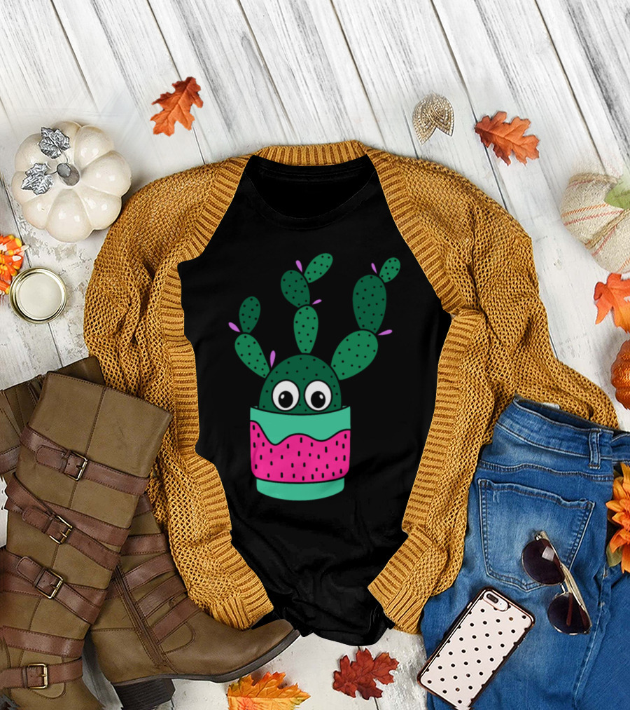 Bunny Ear Cactus with Playful Eyes in Bright Pink and Green Pot T-Shirt