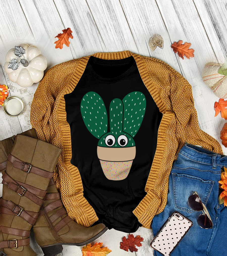 Bunny Ears Cactus With Googly Eyes in Colorful Dotted Pot T-Shirt