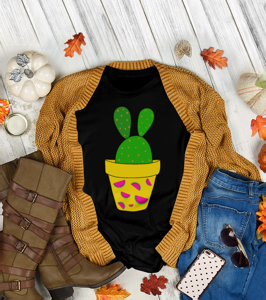 Bunny Ears Cactus in Watermelon Pot T-Shirt
