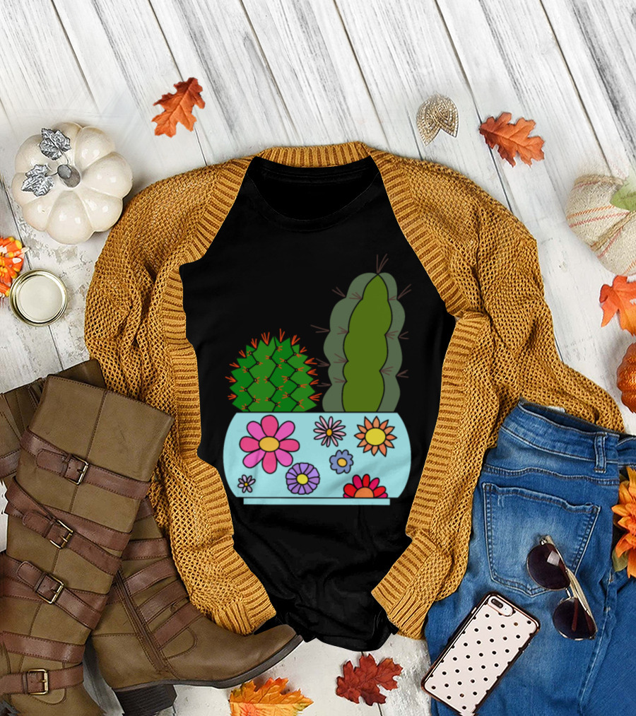 Cacti in Floral Patterned Pot with Colorful Flowers T-Shirt