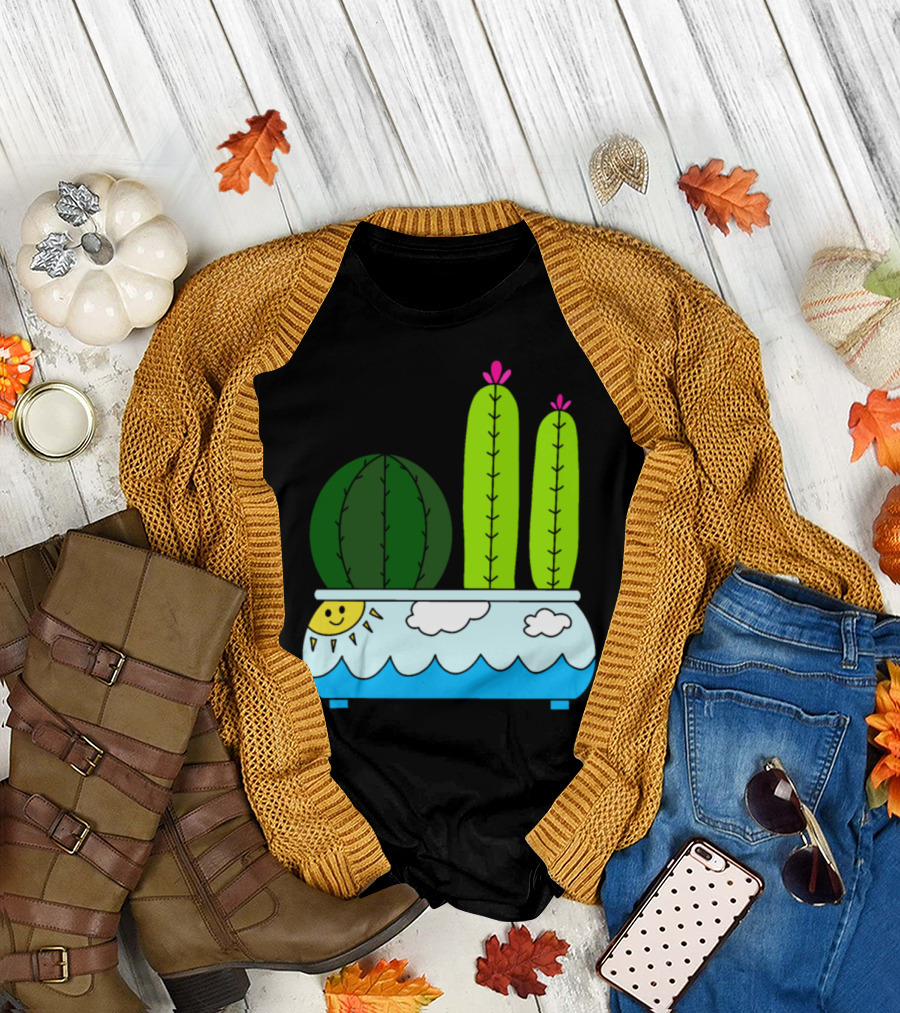 Cacti in Sun Wave Pattern Pot with Clouds and Smiling Sun T-Shirt