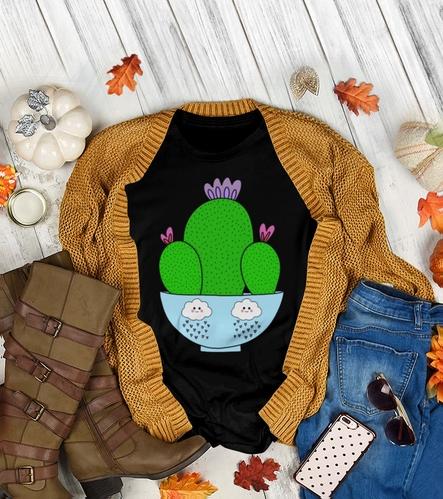 Cacti Bunch in Adorable Bowl with Smiling Rain Clouds T-Shirt