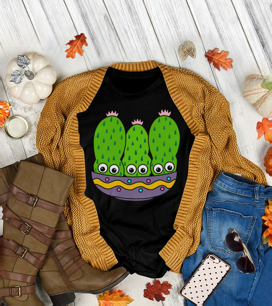 Cacti Bunch In Pretty Bowl With Eyes And Colorful T-Shirt