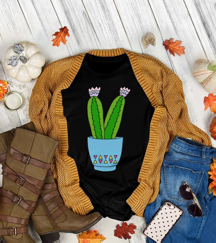Cacti in Blue Pot with Geometric Patterns and Pink Flowers T-Shirt