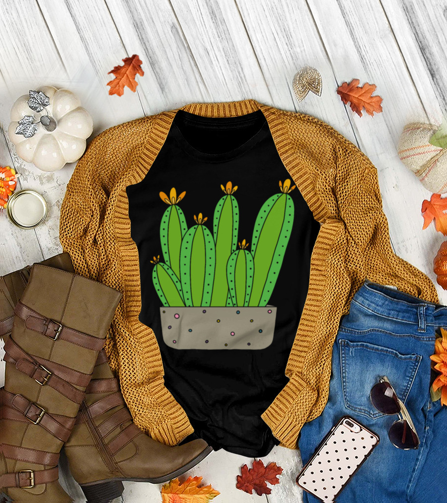 Cacti Group with Yelloworange Blooms in Speckled Pot T-Shirt