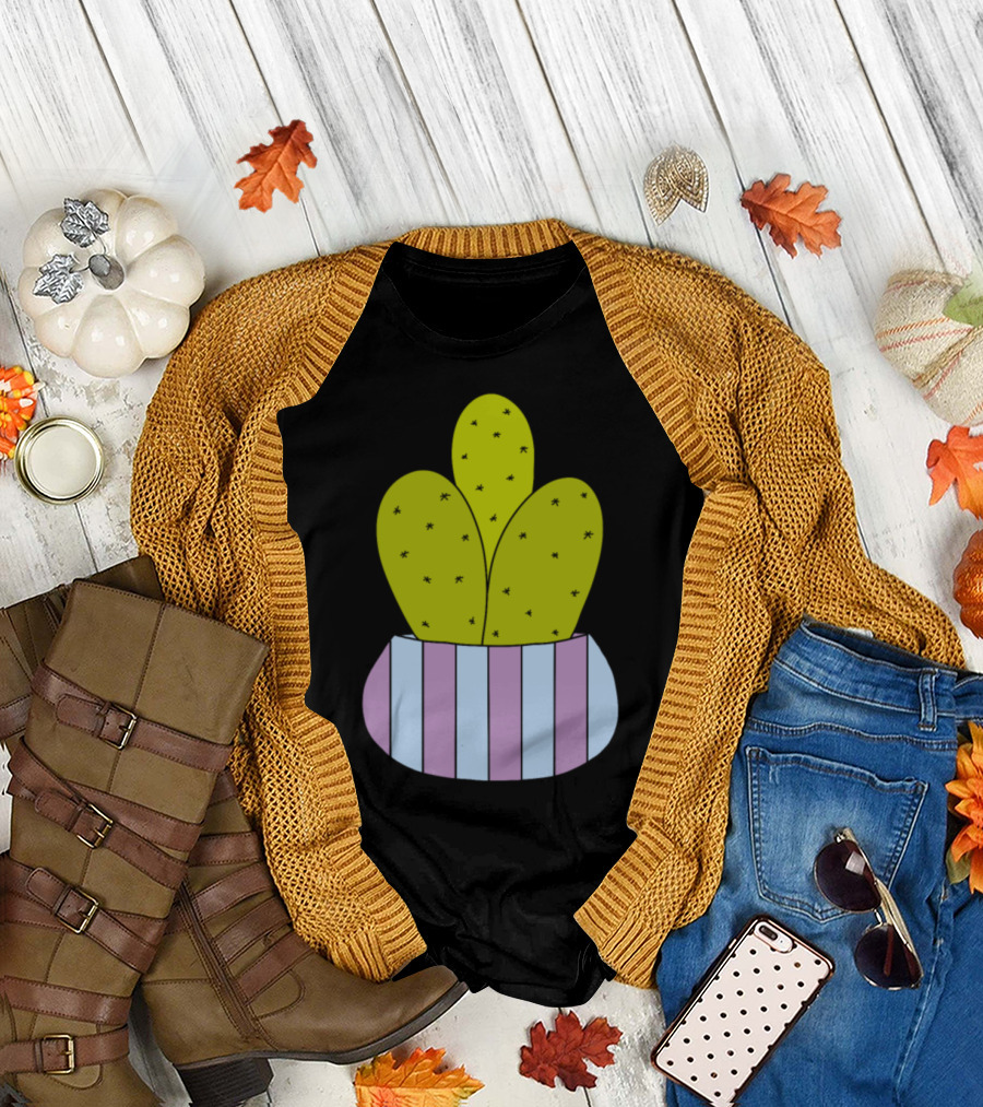 Cacti in a Striped Pot with Green and Purple Accents T-Shirt