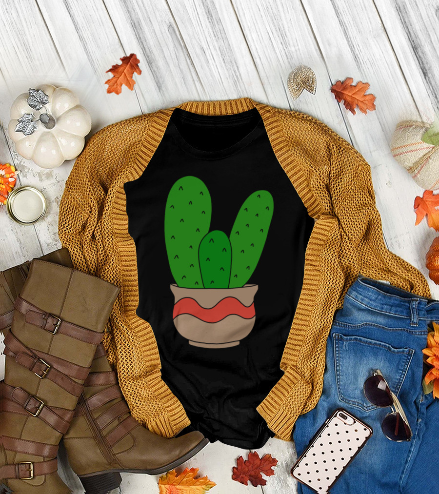 Cacti in Cute Pot with Simple Red Wavy T-Shirt