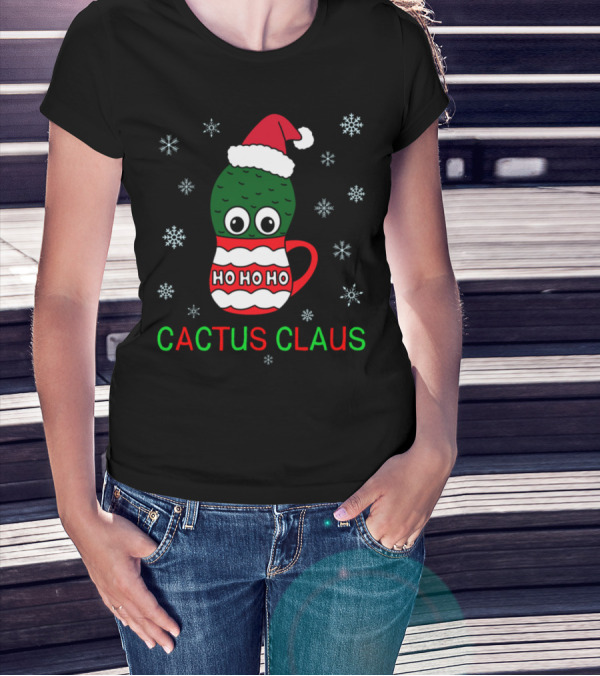 Cactus Claus Ho Ho Ho Santa Hat Snowflakes T-Shirt