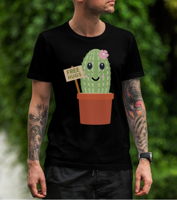 Cactus Free Hugs Flower Pot Decor With Smiley Face T-Shirt