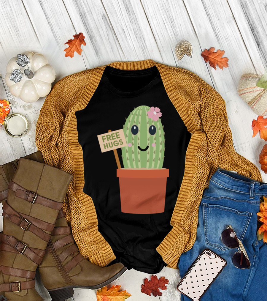 Cactus Free Hugs Flower Pot Decor with Smiley Face T-Shirt