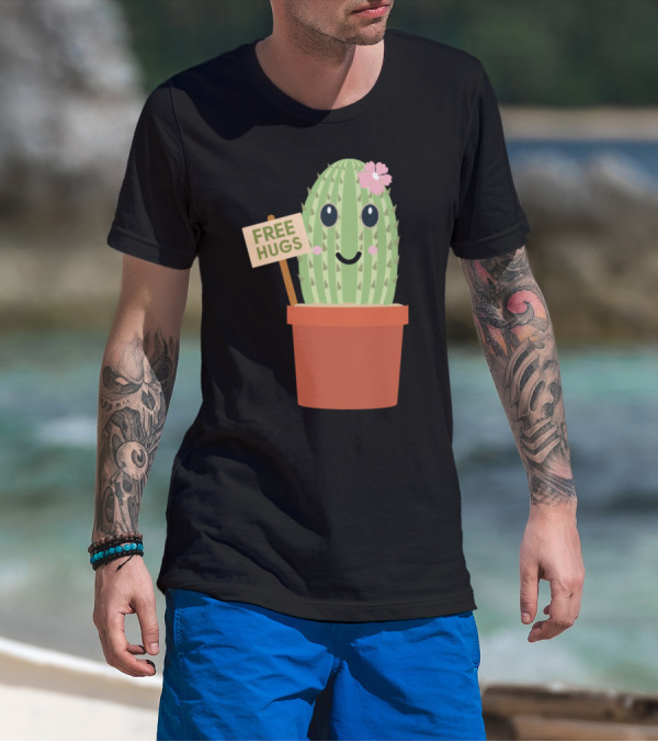 Cactus Free Hugs Flower Pot Decor With Smiley Face T-Shirt
