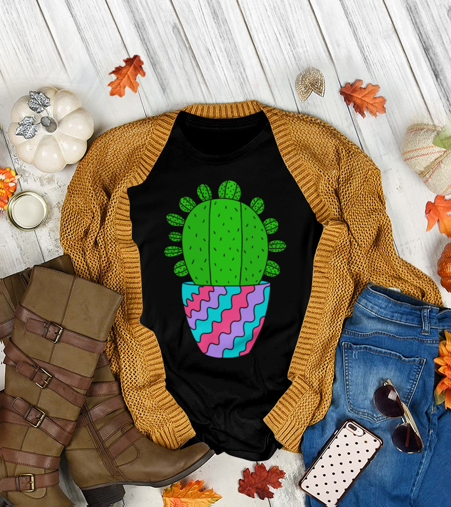 Cactus in Vibrant Wavy Multicolor Pot T-Shirt