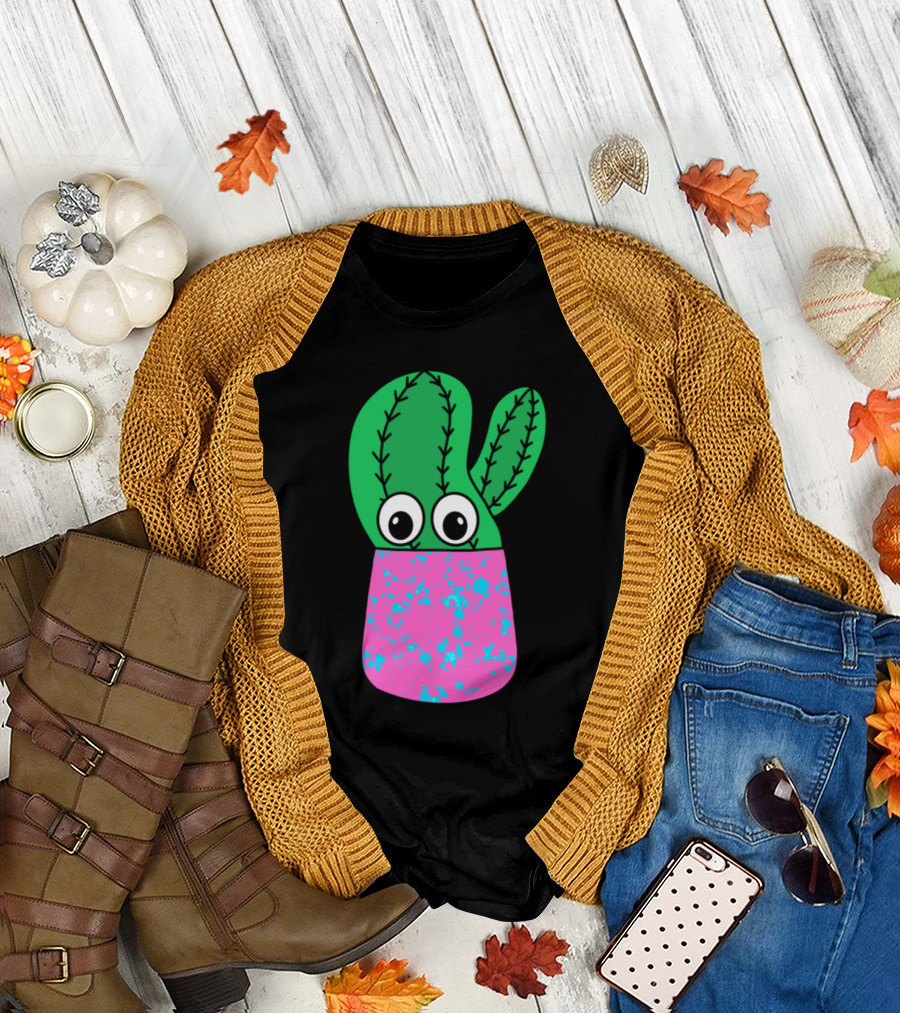 Cactus with Googly Eyes in Pink and Blue Splattered Pot T-Shirt