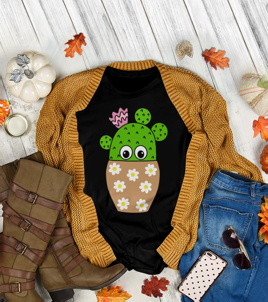 Cactus in Daisy Jar with Eyes and Pink Flower T-Shirt