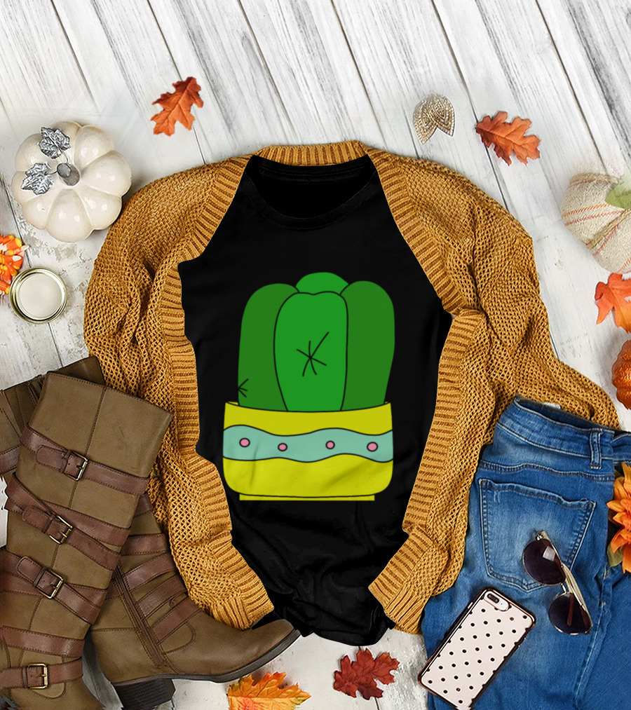Cactus In Yellow Pot With Pink Dots and Wavy Green Stripe T-Shirt