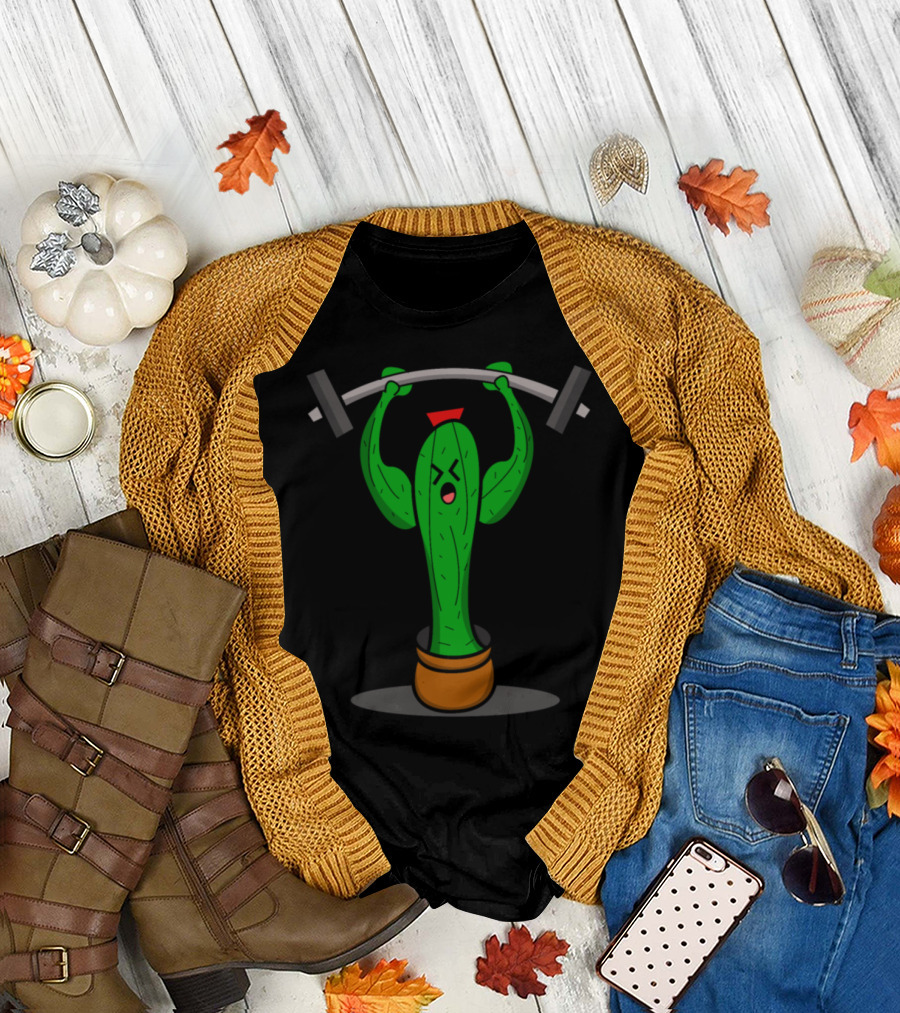 Cactus Lifting Barbell Emoji Style Fitness Strength T-Shirt
