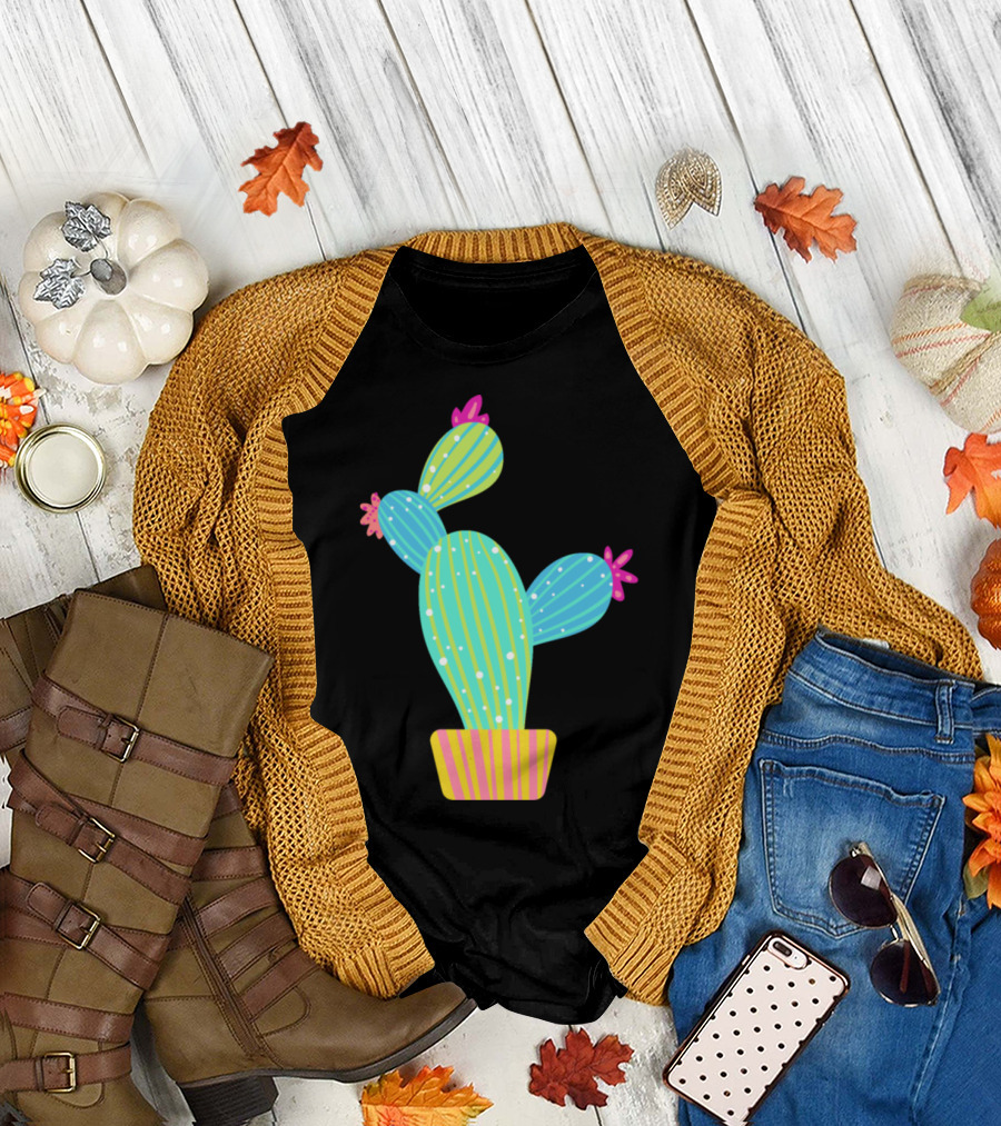 Colorful Striped Cactus in Pot with Pink Flowers T-Shirt
