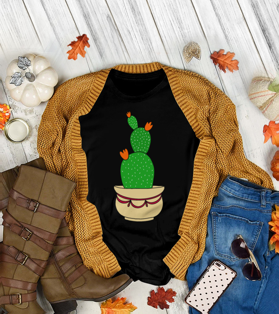 Cactus With Bright Orange Blooms In Decorative Pot T-Shirt