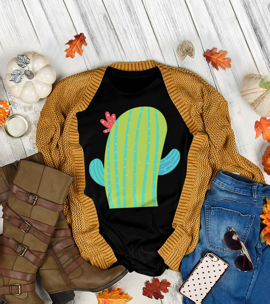Cactus Without Pot Whimsical Striped Cartoon Blossom T-Shirt