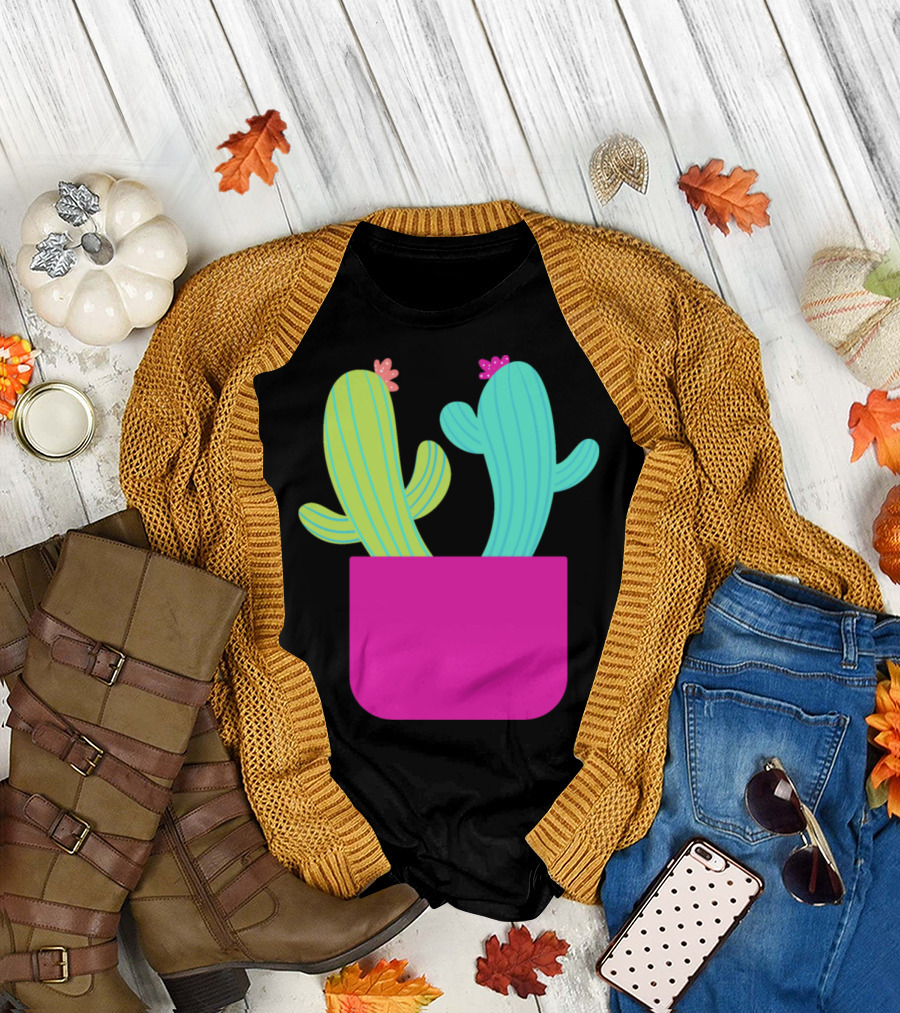 Couple Cactuses in Bright Pink Pot with Flowers T-Shirt