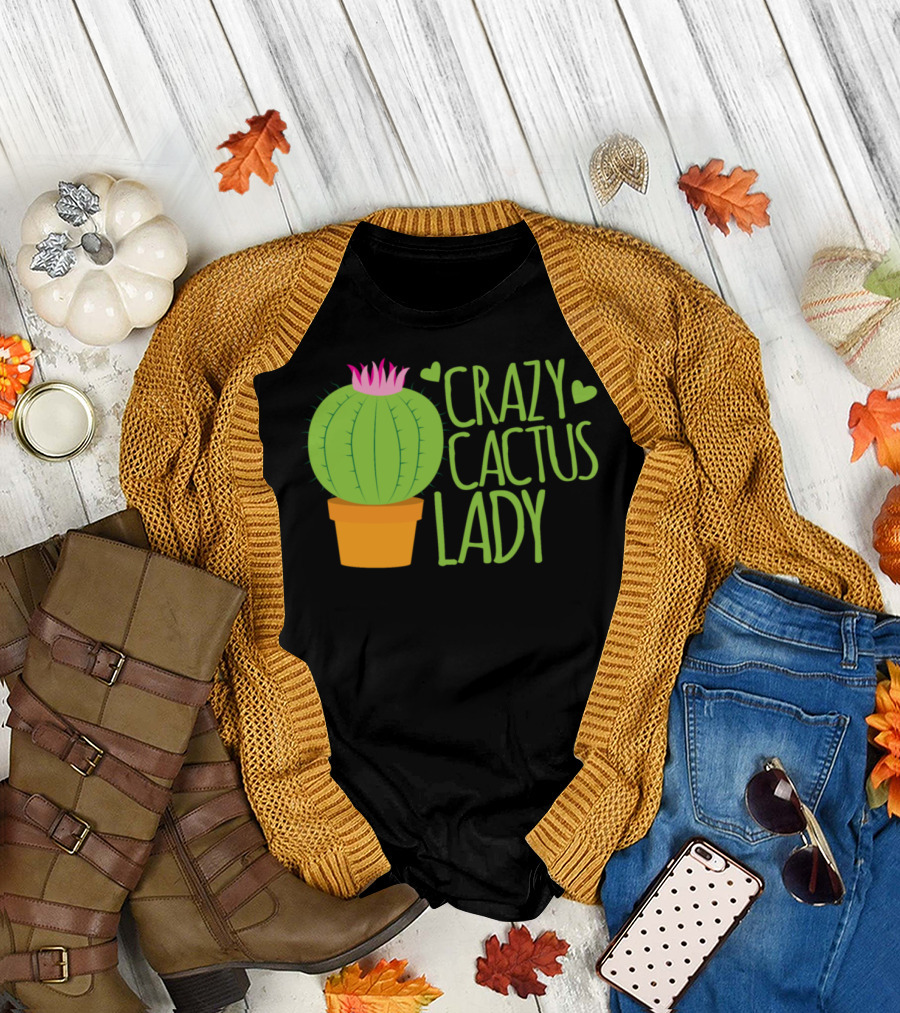 Crazy Cactus Lady with Heart and Pink Flower in Pot T-Shirt