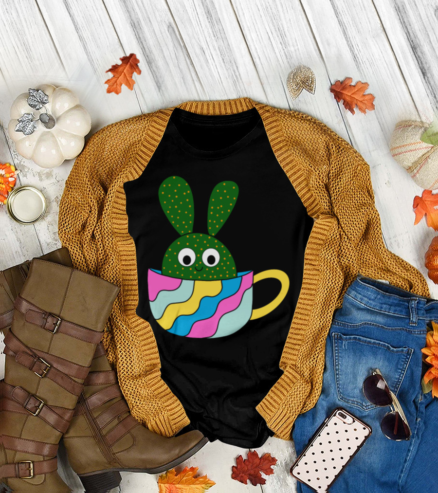 Cute Beaver Tail Cactus in a Colorful Teacup with Bunny Ears T-Shirt