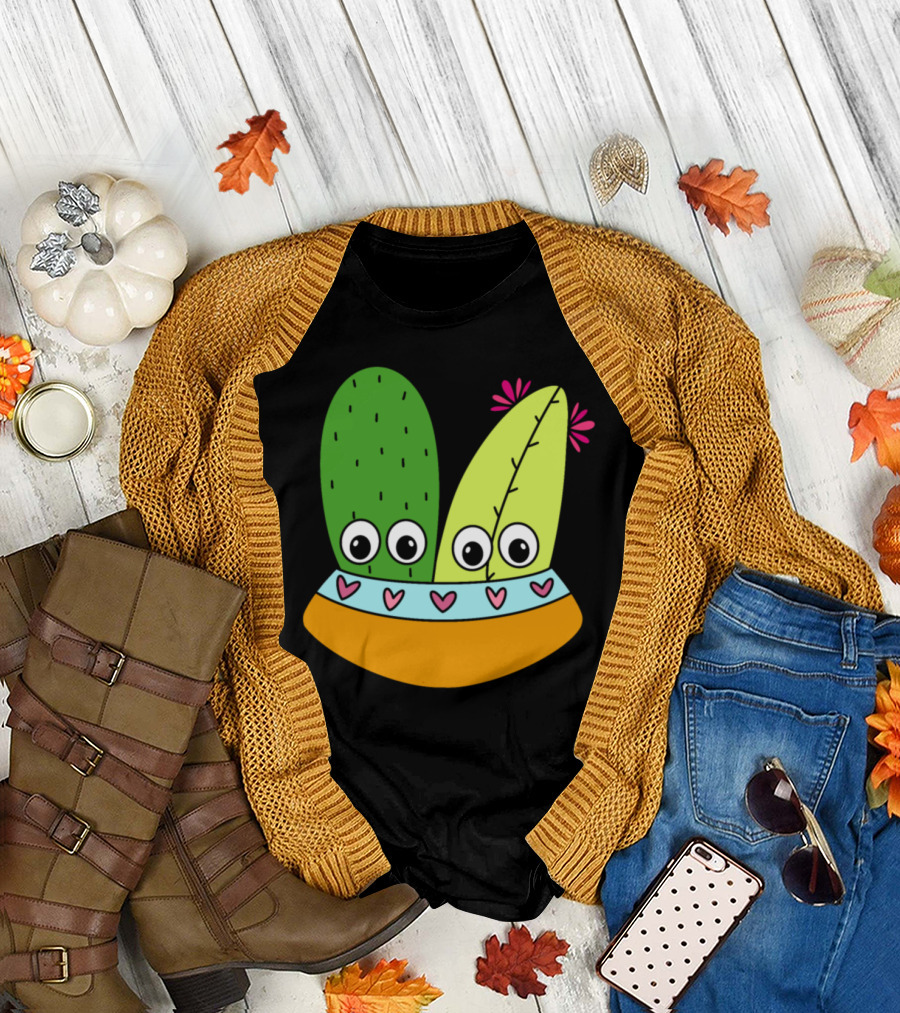 Cute Bowl Holding Cute Cacti Arrangement with Hearts and Flowers T-Shirt