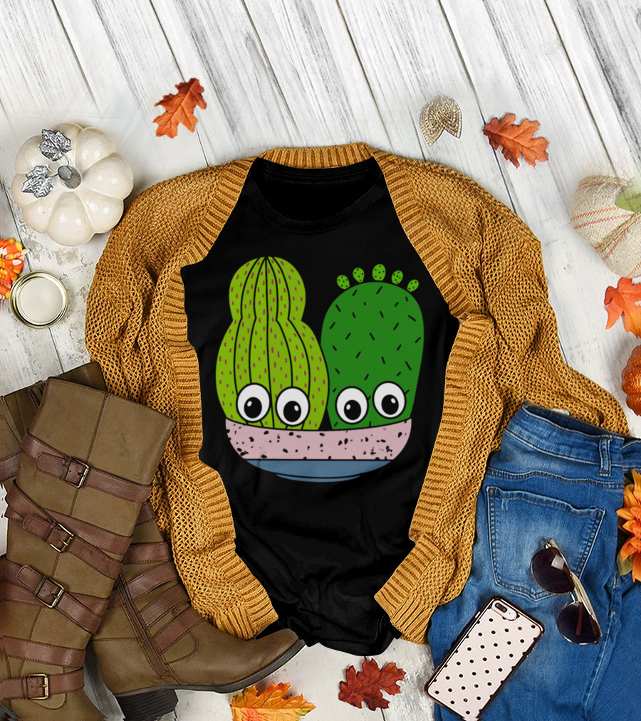 Cute Cacti Characters in Playful Pottery Bowl T-Shirt