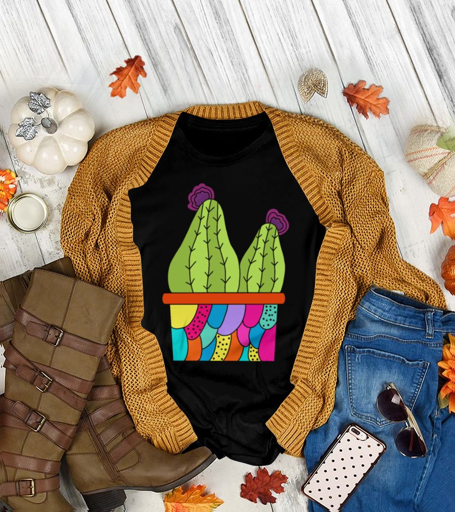 Cute Cacti with Flowers in Colorful Funky Patterned Pot T-Shirt