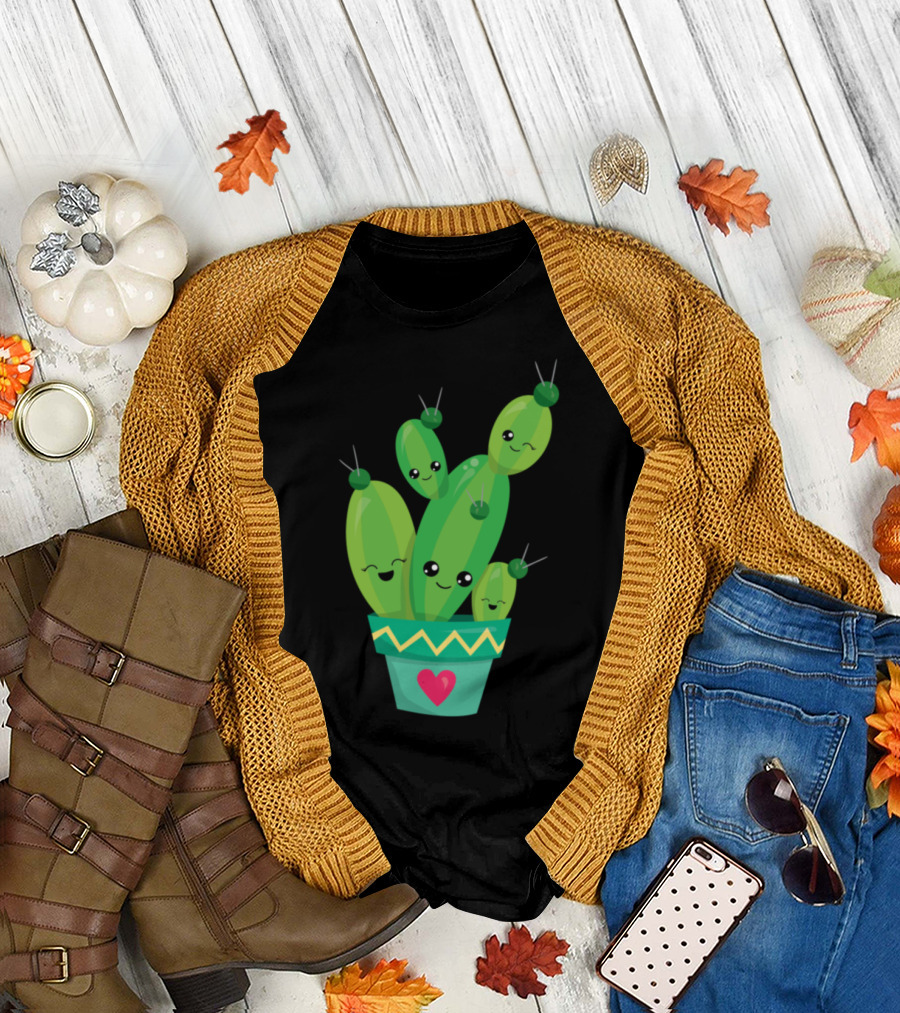 Cute Cactus Emoticon Happy Succulent Plant Pot with Heart T-Shirt