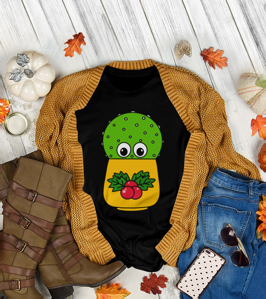 Cute Cactus with Holly in Christmas Pot T-Shirt