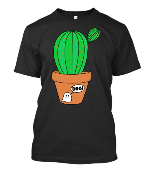 Cute Green Cactus Saying Boo With Halloween Ghost In Terracotta Pot T-Shirt