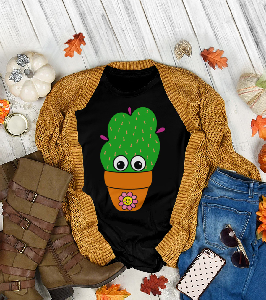 Cute Cactus with Big Eyes and Smiling Flower in Terra Cotta Pot T-Shirt