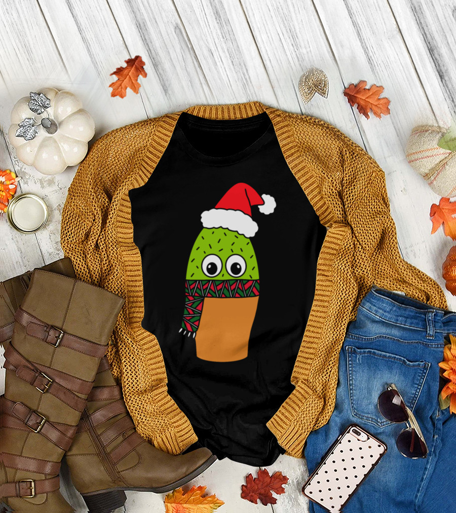 Cute Cactus with Santa Hat and Festive Christmas Scarf T-Shirt