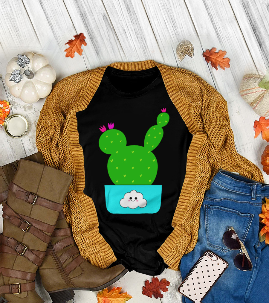Cute Cactus With Flowers in Happy Cloud Pot T-Shirt