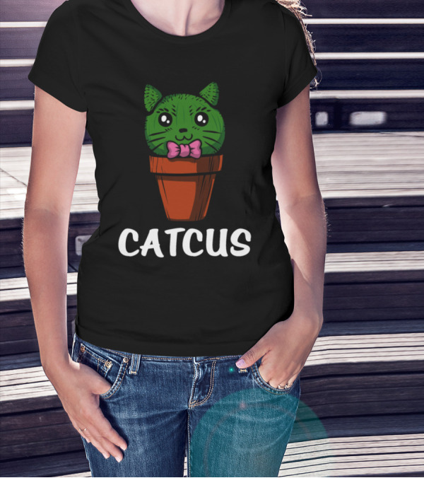 Catcus Cute Cactus Cat With Pink Bow In Flowerpot T-Shirt