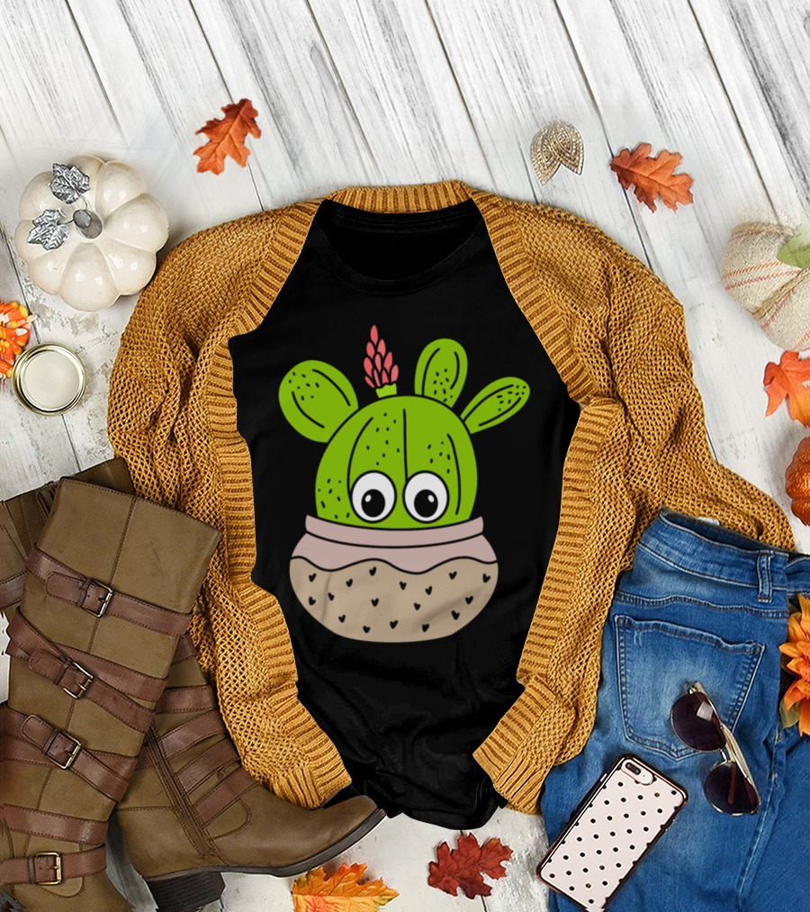 Cute Green Cactus with Pink Flower in Speckled Jar Planter T-Shirt