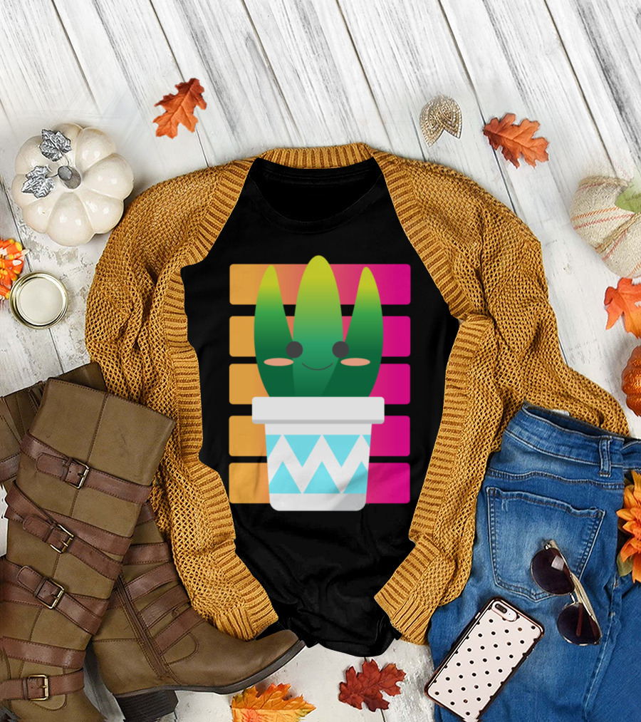 Cute Colorful Succulent Cactus Smiling with Cheeks in Patterned Pot on Gradient Block Background T-Shirt