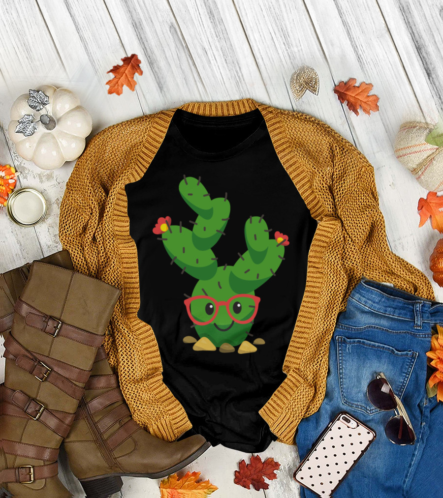 Cute Hipster Cactus with Red Glasses and Flowers T-Shirt