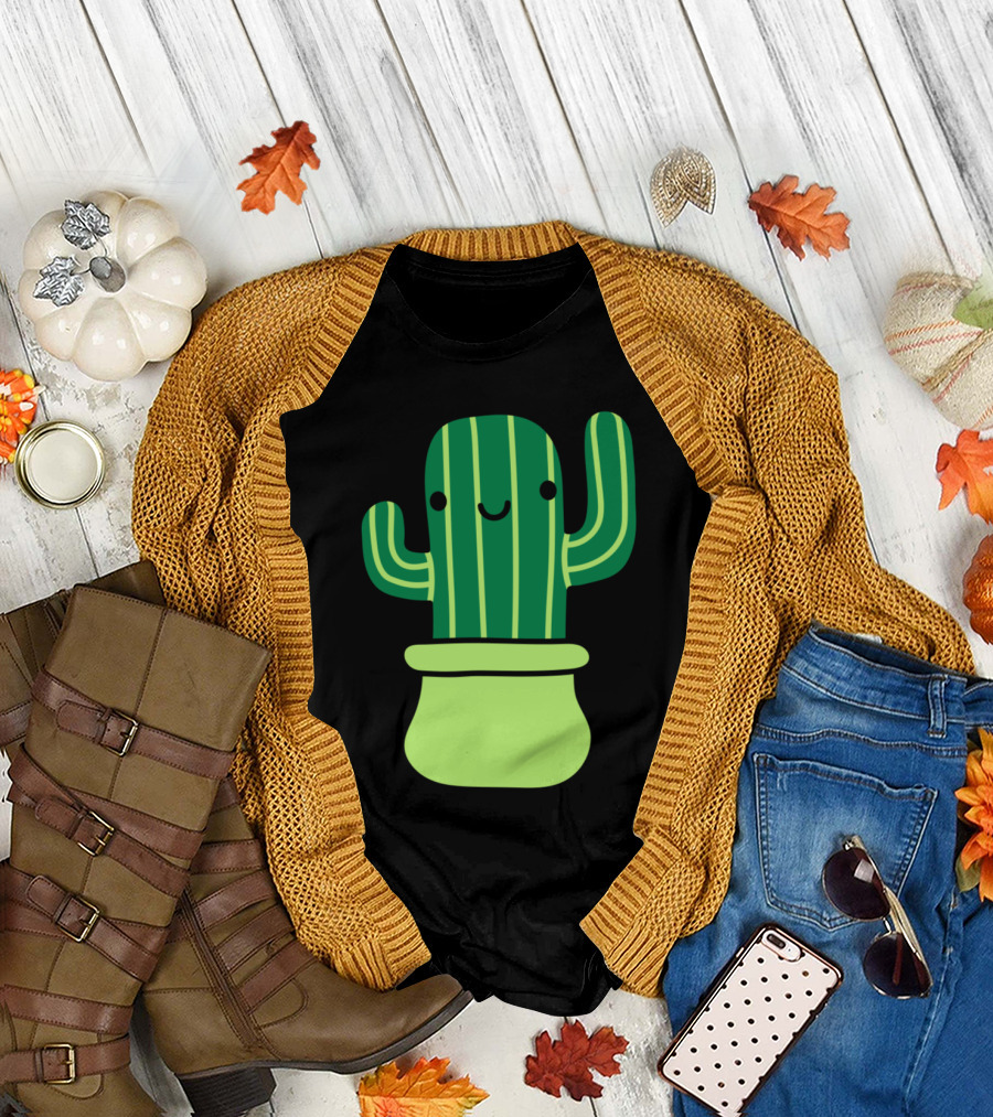 Cute Sweet Little Cactus With Striped Green Pattern and Smiling Face in Pot T-Shirt