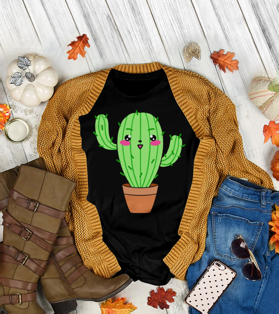 Happy Kawaii Cute Baby Potted Cactus T-Shirt
