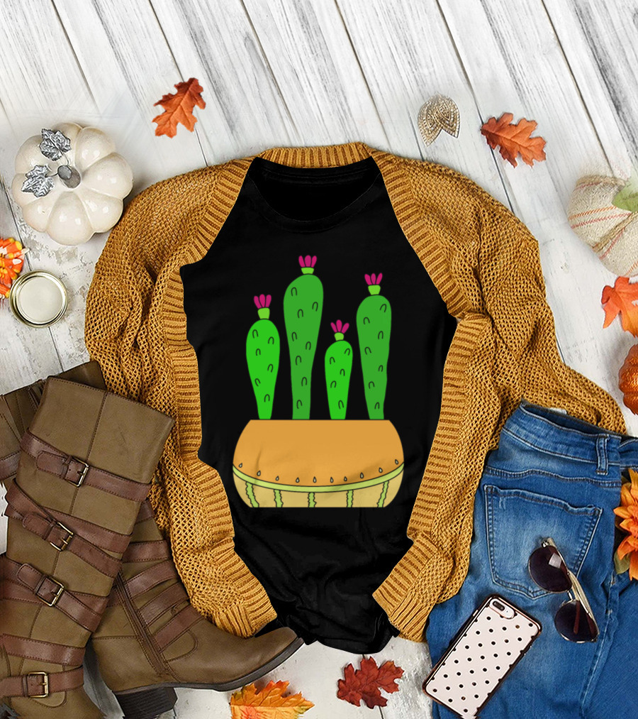 Delicate Melon Pot Cacti Blooming with Pink Flowers T-Shirt