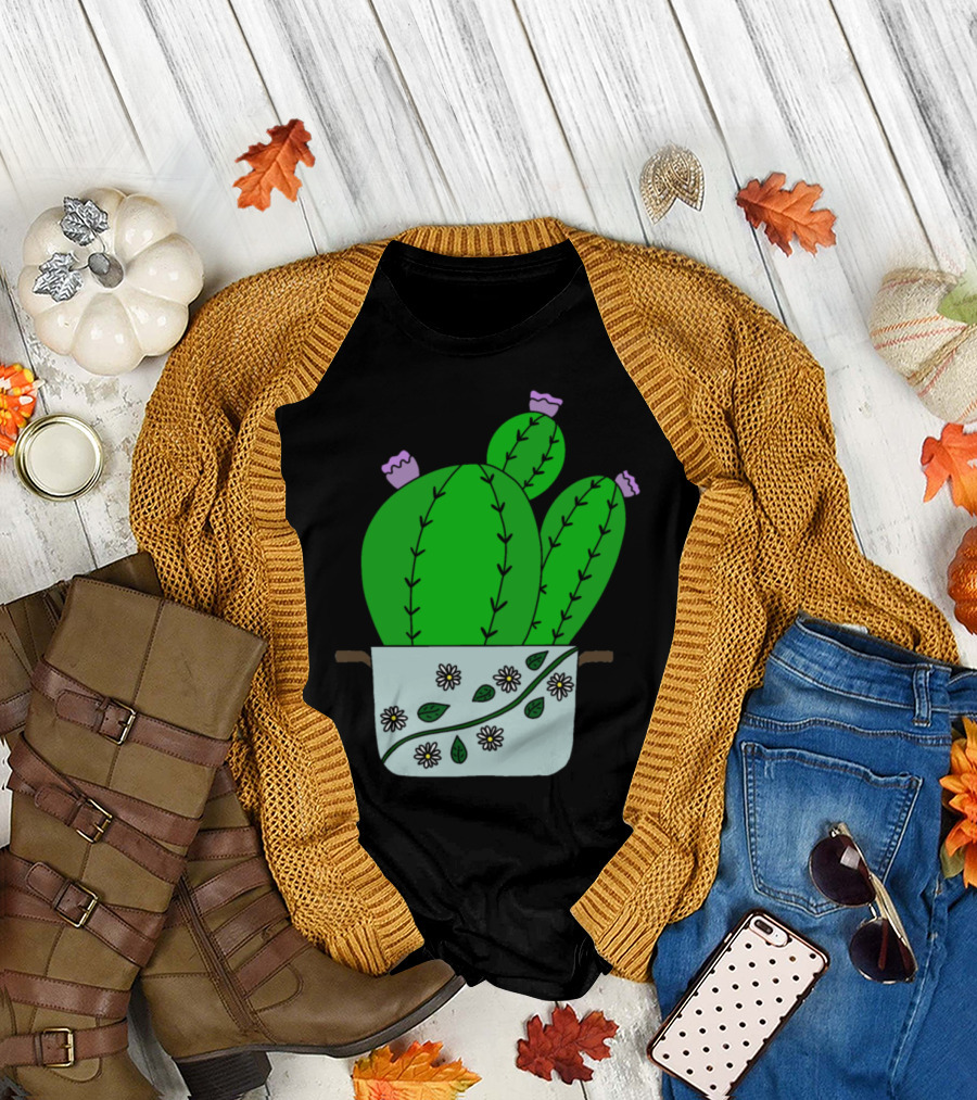 Echinocereus Cacti With Blooms Decorated Pot with Daisies T-Shirt