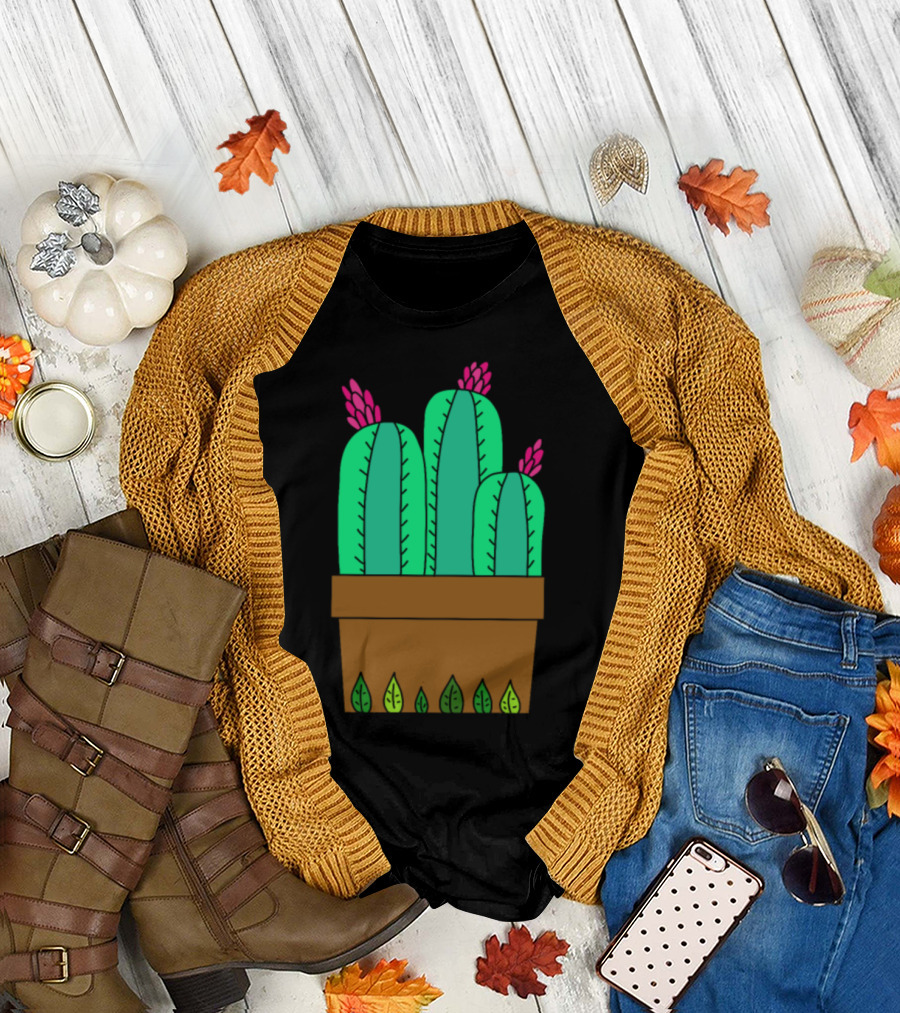 Flowering Cactuses with Pink Blossoms in Brown Leafy Pot T-Shirt