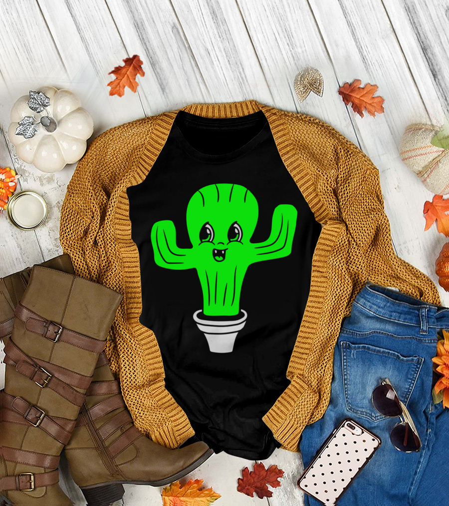Sweet Little Cactus Comic Face in Flowerpot T-Shirt